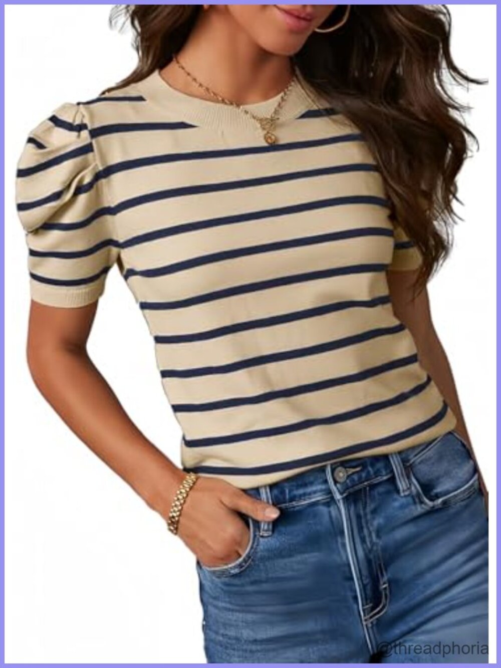 Women's Striped Short Puff Sleeve Tunic Top Lightweight Knit Pullover Blouse